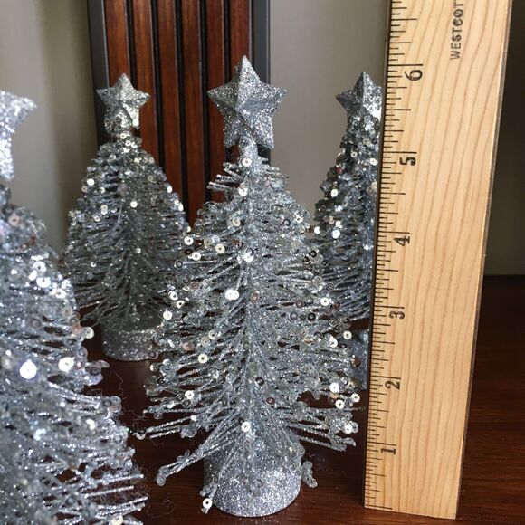 6 Silver Glitter Tabletop Decor Star Topped Bottle Brush Christmas Trees - Picture 13 of 16